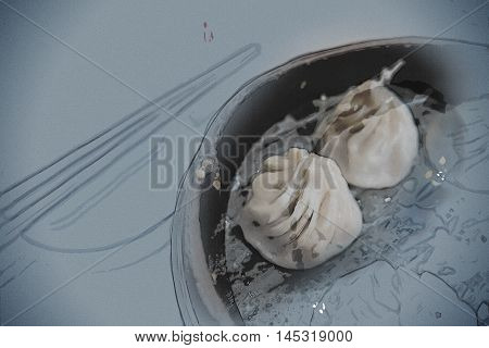 Traditional chinese food, steamed dumpling served on table in a wooden dish and with wooden chopsticks. Vintage painting, background illustration, beautiful picture, travel texture