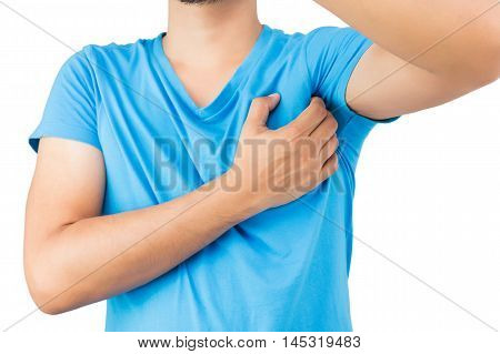 Guy scratches the itch with hand Armpit itching Concept with Healthcare And Medicine.
