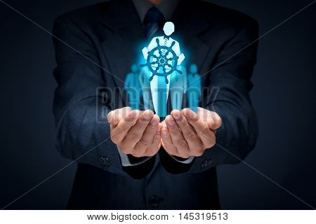 Business improvement and development concept. Captain (symbol of team leader) change direction to improve company performance.