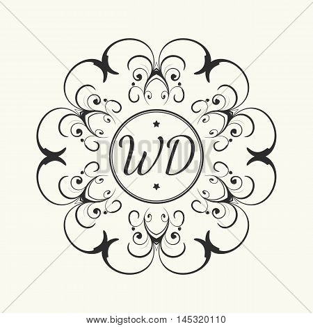 Vector wedding badge. Floral frame with letters.