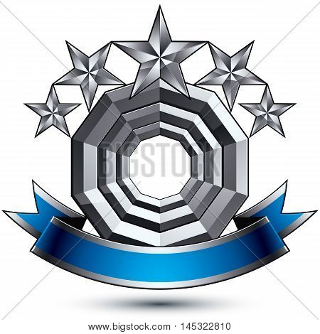 3d vector royal symbol sophisticated silver round emblem with five pentagonal stars isolated on white background glossy argent element with blue splendid ribbon.