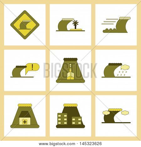 assembly of flat icons nature disaster tsunami