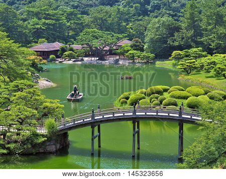 A view from a hill in Ritsurin Garden in Takamatsu city, Kagawa Prefecture, Japan. Ritsurin Garden is one of the most famous historical gardens in Japan.