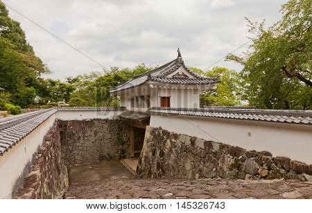 TATSUNO JAPAN - JULY 21 2016: Reconstructed Yaguramon Gate of Tatsuno castle in Hyogo prefecture Japan. Castle was erected in 1577 as a subordinate fort to Himeji castle