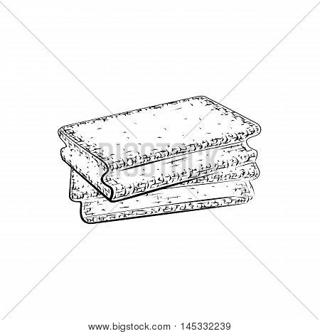 Hand drawn sponge. Cleansers for body care and hygiene. Detailed sketch of wisp of bast isolated on white background. Black and white pencil or ink drawing