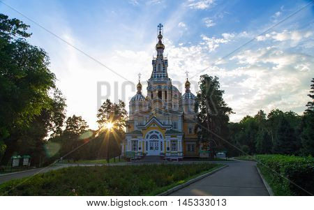 Almaty, Kazakhstan, July 1, 2015. Zenkov Cathedral under the rays of the morning sun. Probably the only wooden Cathedrals in the world.