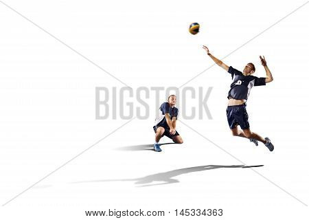 Two professional volleyball players in action isolated on white