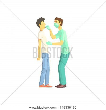 Doctor Examining Patients Throat Hospital And Healthcare Themed Illustration. Cool Colorful Vector Sticker In Stylized Geometric Cartoon Design