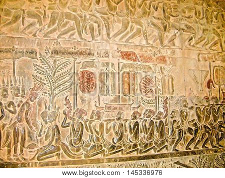 The detail of stone carvings in the Angkor Wat, Cambodia.