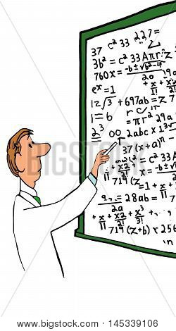 Illustration of professor standing in front of a whiteboard filled with complex equations.