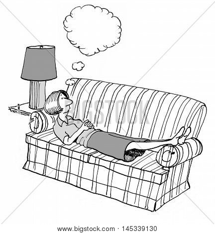 INSERT YOUR OWN TEXT.  Illustration of tired woman resting on a sofa and thinking.