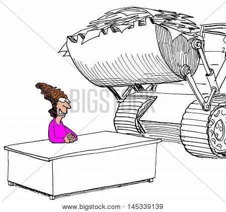 Illustration of stressed businesswoman about to get a lot more paperwork to complete.
