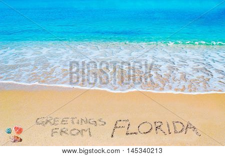 greetings from Florida written on a tropical beach under clouds