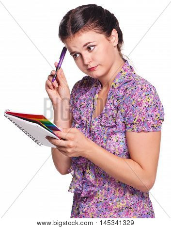 Thoughtful young woman with a writing-book isolated on white background