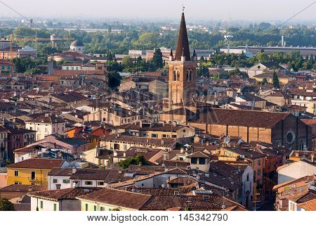 Aerial view of the city of Verona with the Church of San Tomaso Cantuariense (XV century). UNESCO world heritage site - Veneto Italy