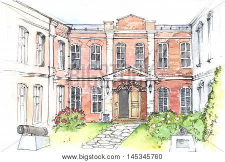 Watercolor and pen drawing of an old mansion in the style of classicism