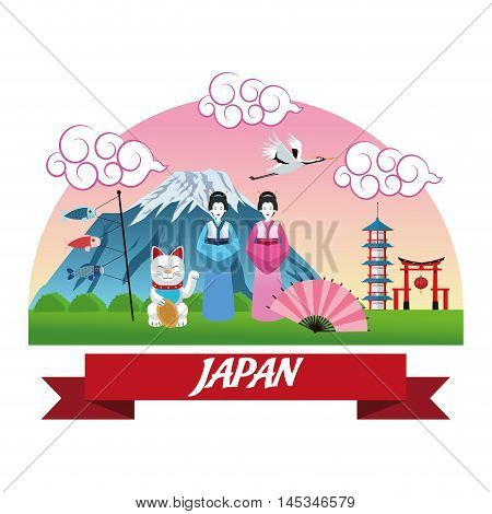 woman fish crane building girls lucky cat arch cloth japan culture landmark asia famous icon. Colorful design. Vector illustration