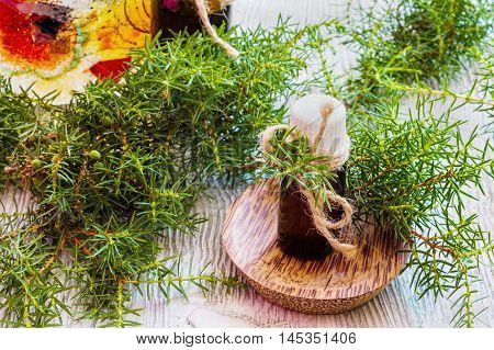 Juniper essential oil in a glass bottle on a wooden table. Used in medicine cosmetics and aromatherapy. Fresh green sprigs. Selective focus.