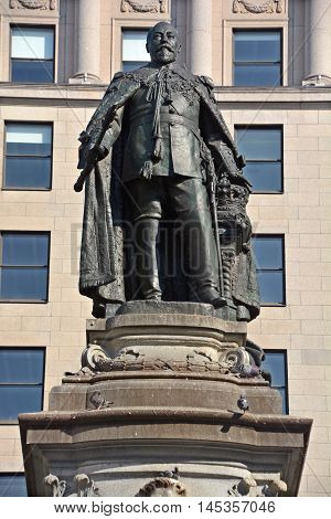 MONTREAL CANADA AUGUST 17 2016: The Edward VII Monument is a statue of King Edward VII by artist Louis-Philippe Hebert and located at Phillips Square in Montreal, Quebec, Canada.