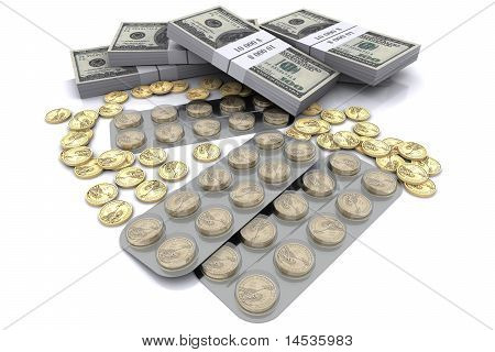 confezione di compresse con le monete in dollari