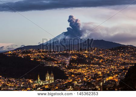 Cotopaxi volcano eruption seen from Quito Ecuador