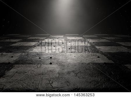 A 3D render of a dirty chessboard spotlit by a single light on a dark background