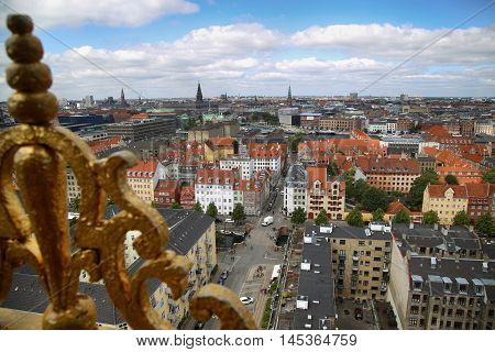 Panoramic view of Copenhagen from church Vor Frelsers Kirke in Copenhagen Denmark