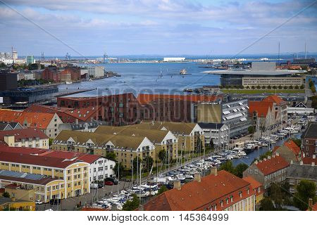 Panoramic view of Copenhagen from church Vor Frelsers Kirke in Copenhagen Denmark