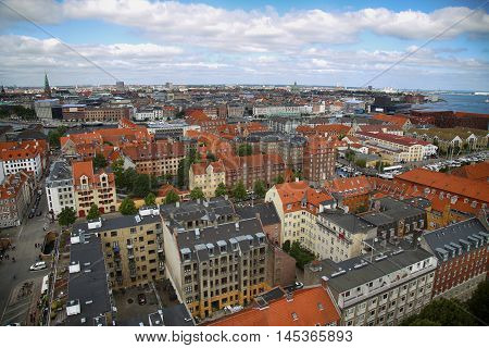 Panoramic view of Copenhagen from church Vor Frelsers Kirke in Copenhagen Denmark