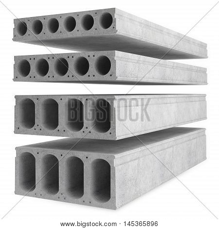 Samples of reinforced concrete floor slabs isolated on white background. 3D rendering
