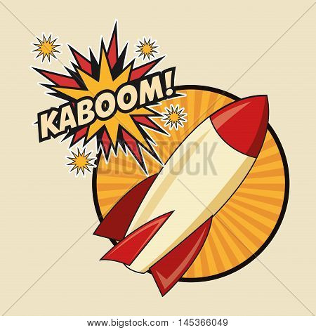 rocket spaceship kaboom boom explosion cartoon pop art comic retro communication icon. Colorful striped circle design. Vector illustration