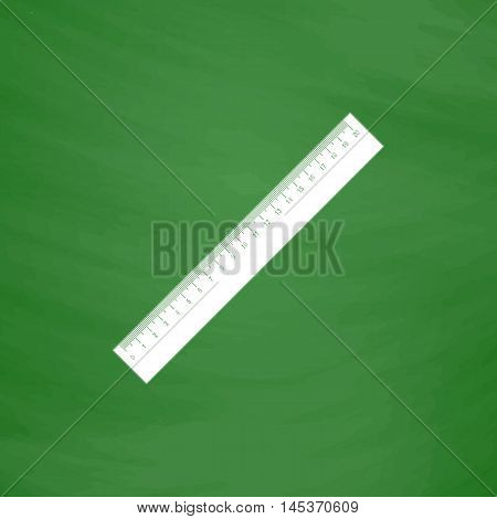 Ruler Simple line vector button. Imitation draw with white chalk on blackboard. Flat Pictogram and School board background. Outine illustration icon