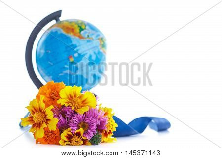 bouquet of autumn flowers with a globe on a white background