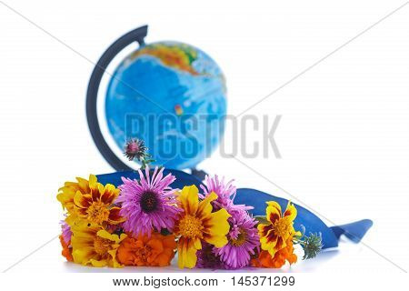 bouquet of autumn flowers with a globe on a white background