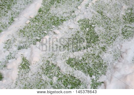 Snow on artificial green lawn on field in football stadium, close up