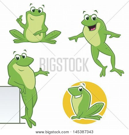 Vector illustration of cartoon green frogs in various poses
