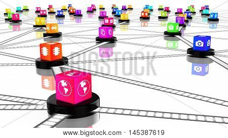 Network concept 3D illustration with colored cubes on nodes textured with IOT signs and symbols