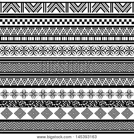Tribal seamless pattern. Abstract background with ethnic ornament. Seamless background with different geometric shapes. Black and white. Vector illustration