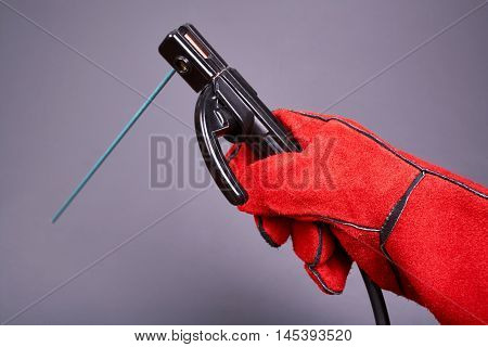 Welding equipment, protective leather gloves, welding electrodes, high-voltage wires with clips, set of accessories for arc welding