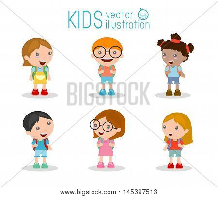 Kids go to school, back to school, Cute cartoon children, happy children, Vector Illustration.