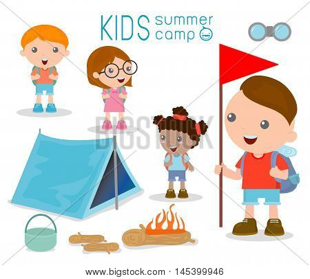 vector illustration of kids summer camp, Kids on a Camping Trip.