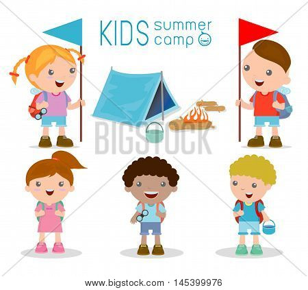vector illustration of kids summer camp, Kids on a Camping Trip.