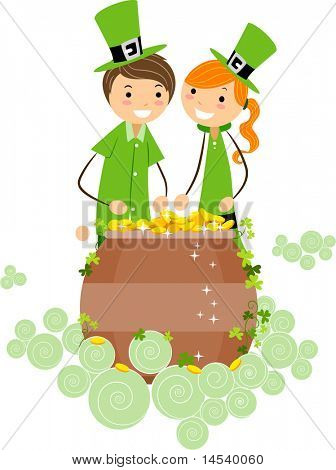 Ilustración de un niño y una niña a retirar una olla de oro