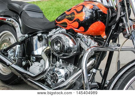 St. Petersburg, Russia - 12 August, Chrome motorcycle engine,12 August, 2016.
The annual International Festival of Motor Harley Davidson in St. Petersburg Ostrovsky Square.