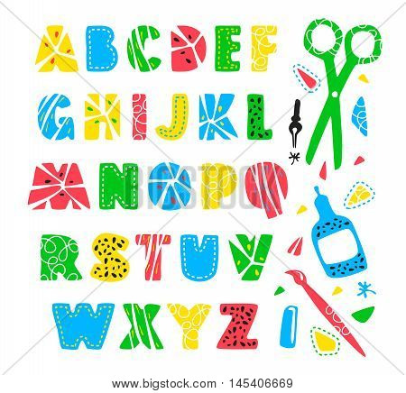 Stock vector hand drawn creative alphabet for your design. Color print on white background
