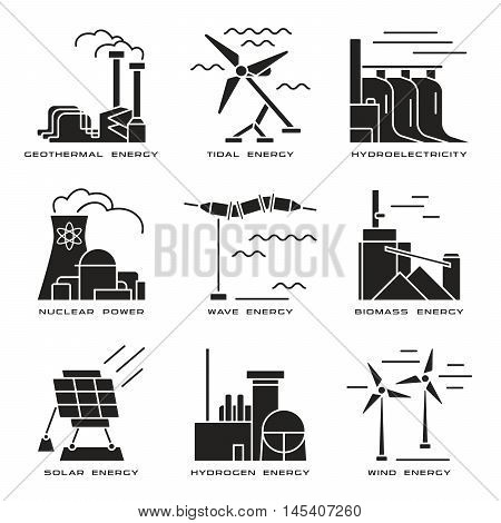 Vector Set Of Web Icons On Electricity Generation Plants And Sources