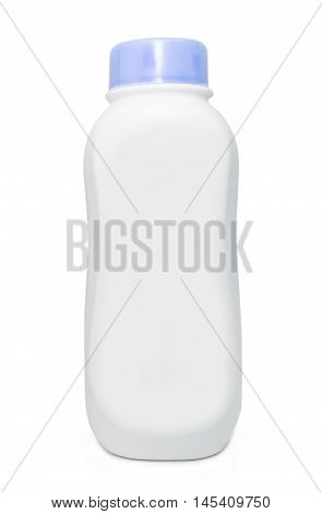 Plastic bottles of talcum powder on white background with clipping path