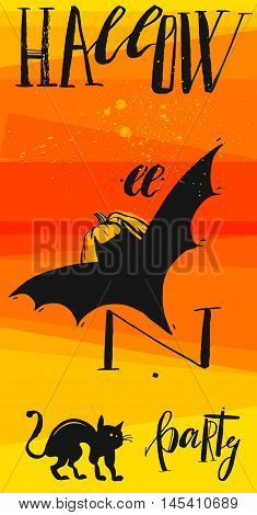 Hand drawn vector abstract Halloween party poster or flayer in orangeyellow and black colors with batbatpumpkin and handwritten modern lettering phase Halloween.