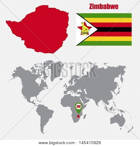 Zimbabwe map on a world map with flag and map pointer. Vector illustration