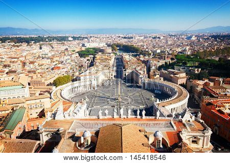 Saint Peter's Square in Vatican and aerial view of the city frome above, Rome, Italy, retro toned